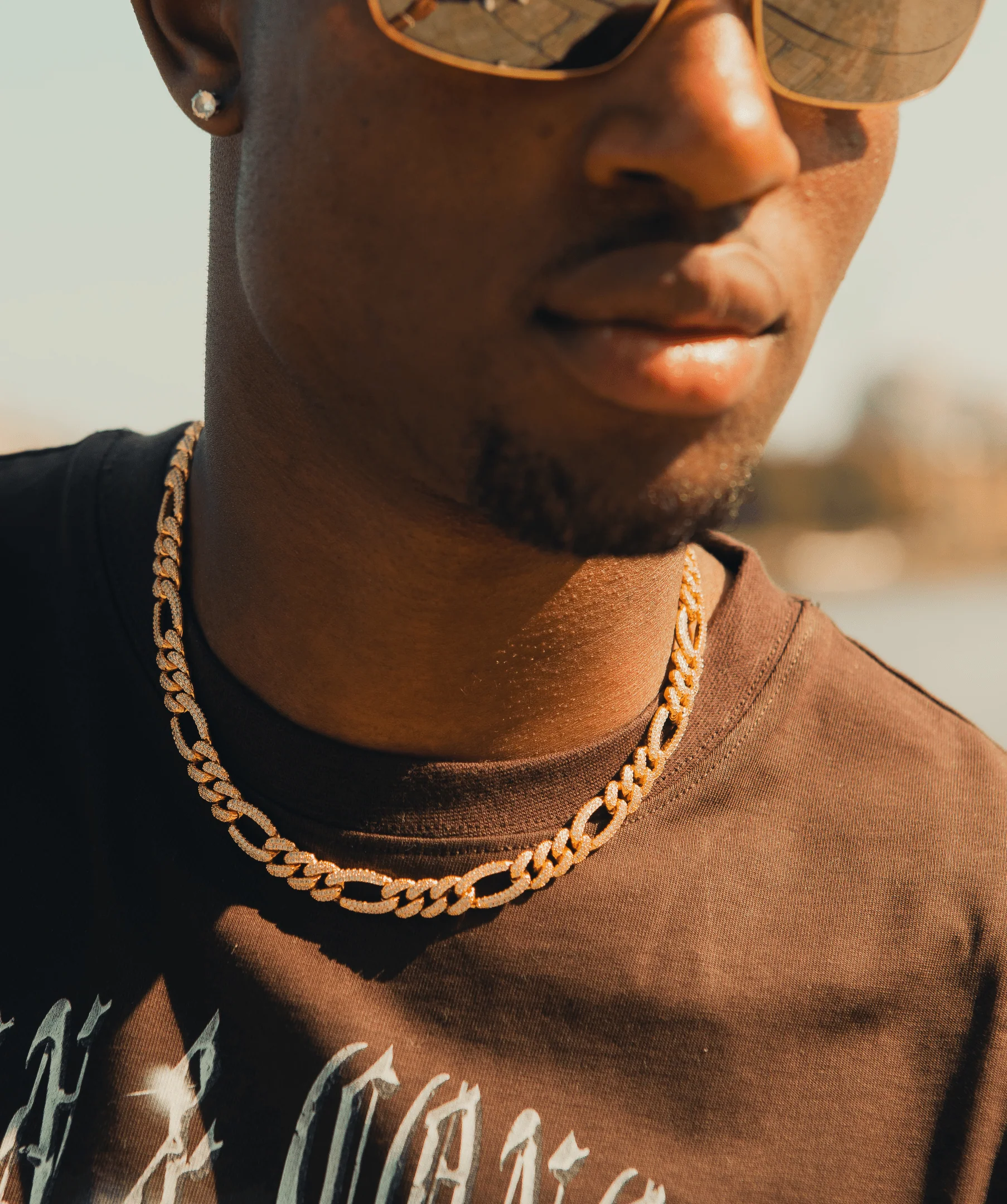 11mm Iced Figaro Necklace in Yellow Gold
