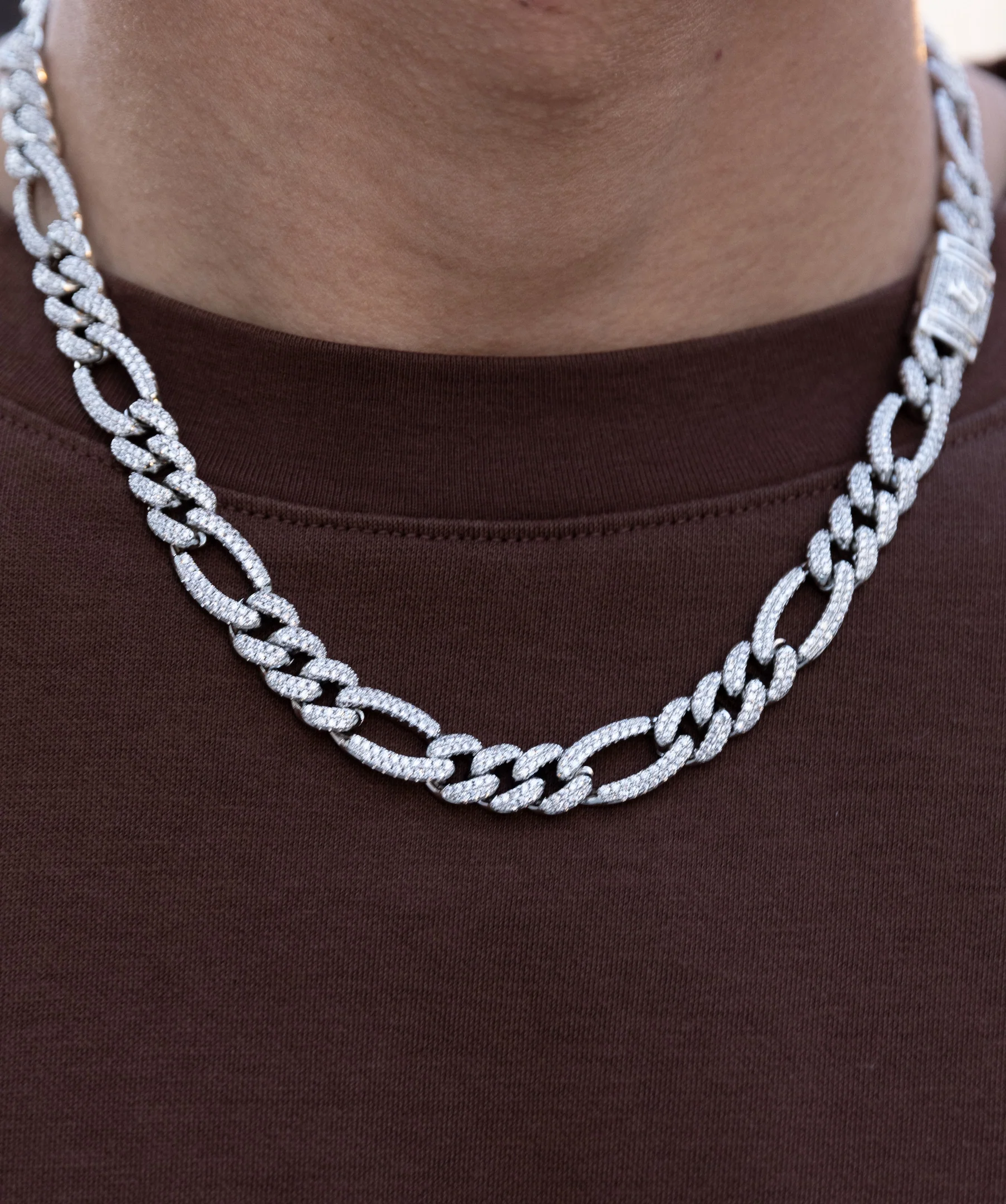 11mm Iced Figaro Necklace in White Gold