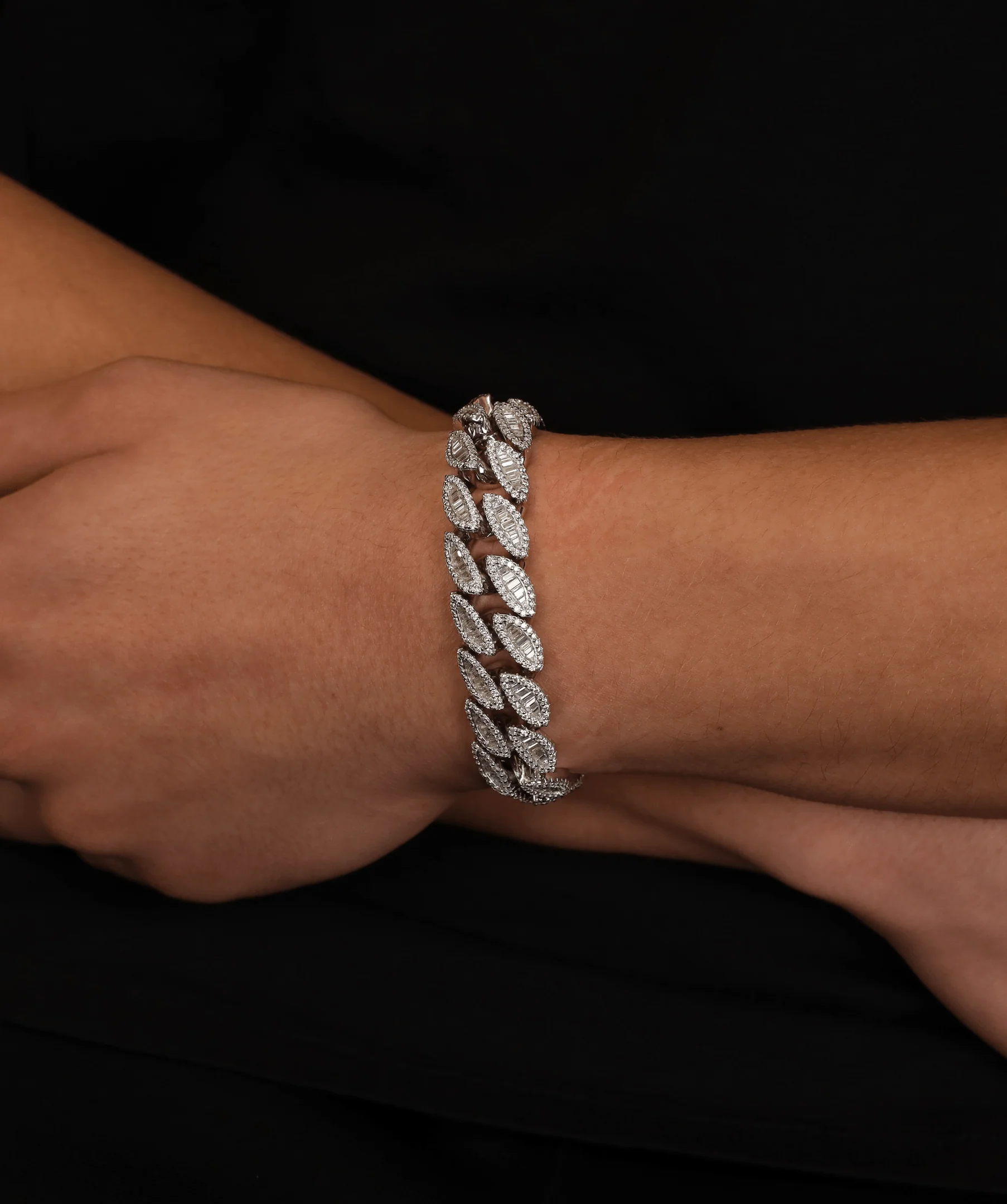 16mm Oval Baguette Cuban Link Bracelet (White Gold) - Image 3