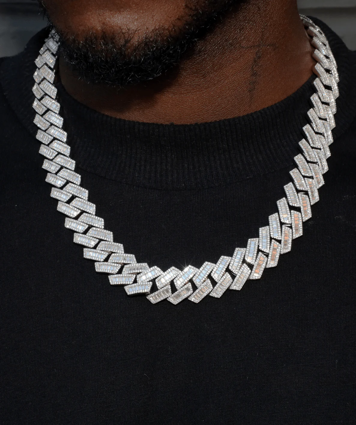 19mm Baguette Cuban Link Chain (White Gold)