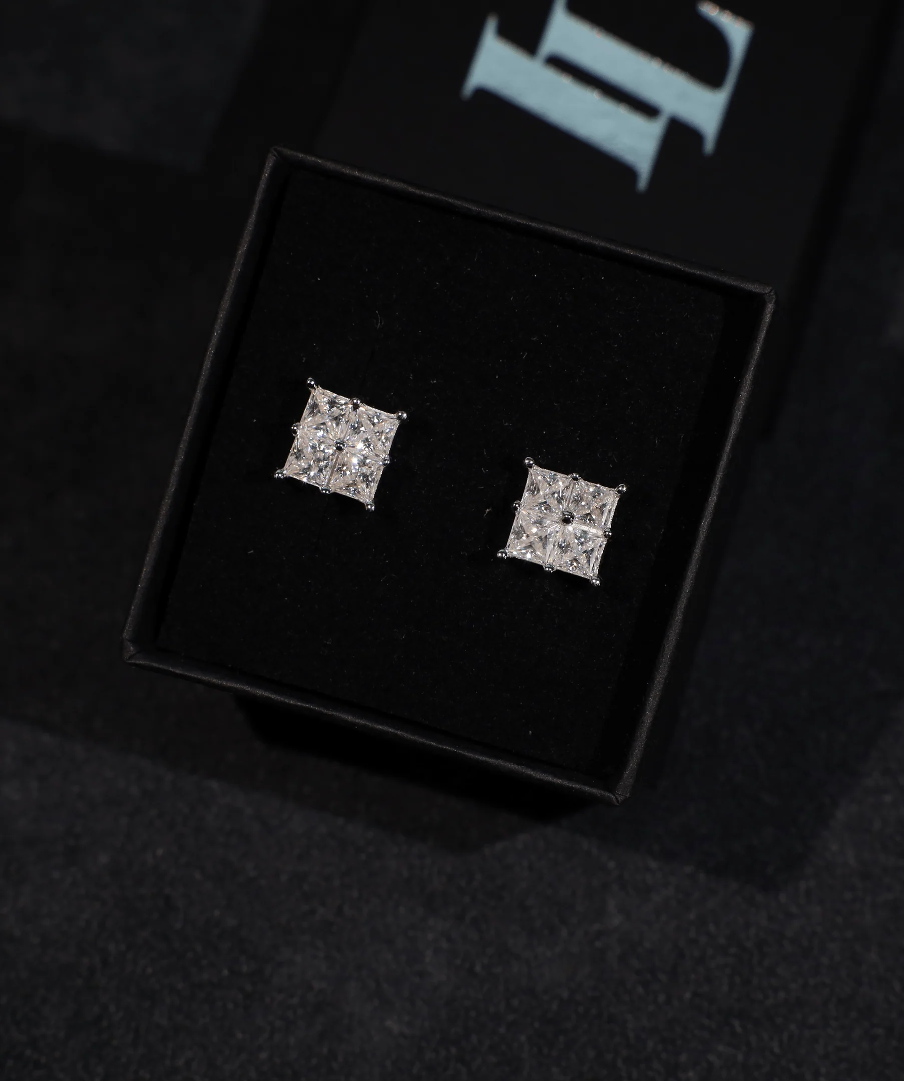 Quad Princess-Cut Stud Earrings (White Gold) - Image 5